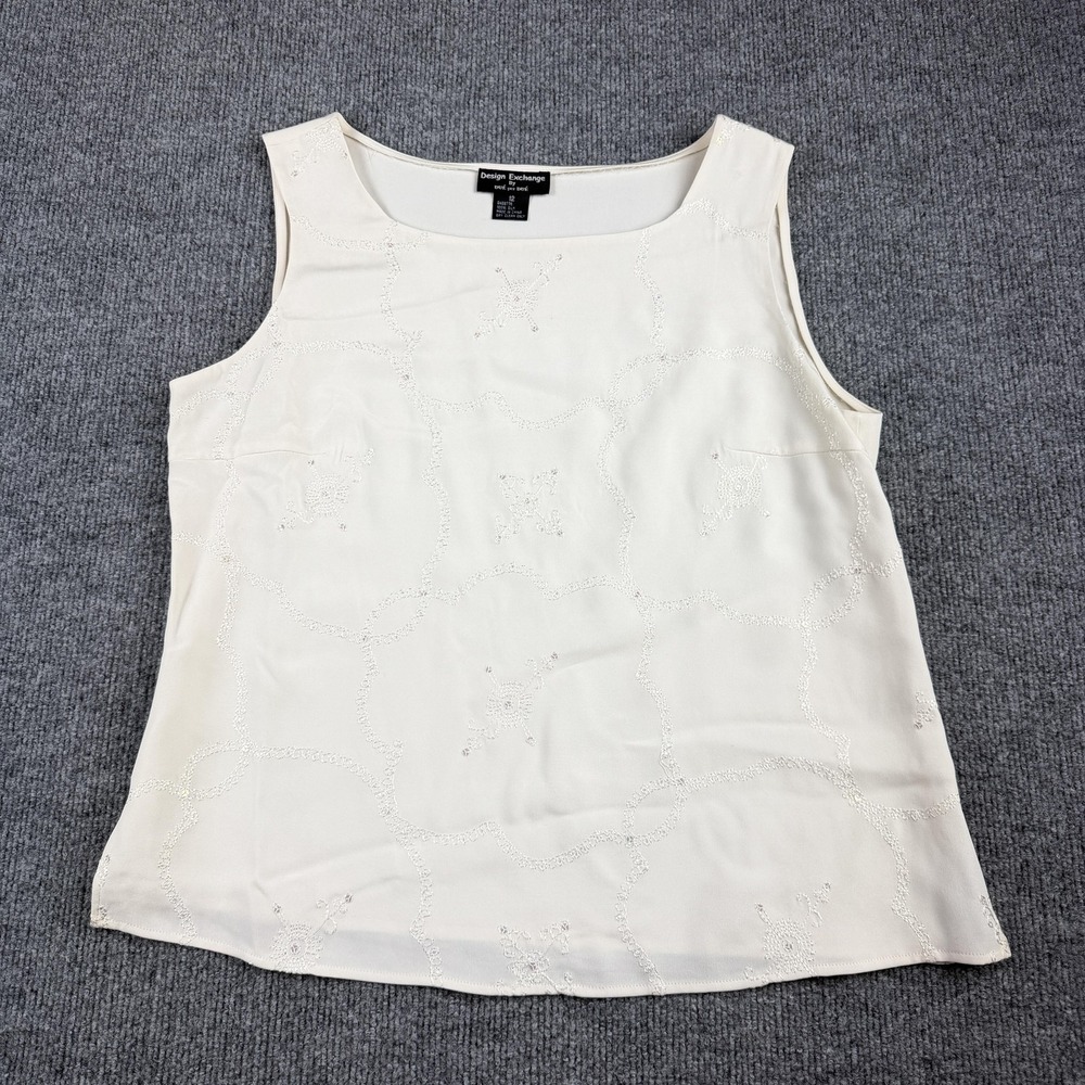 VTG Design Exchange Tank Top Womens 12 White 100% Silk Embroidered Sequin Floral